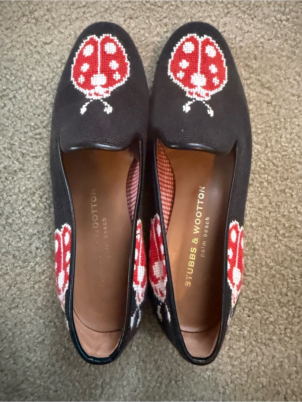 Stubbs & Wootton Black and Red Ladybug Needlepoint Smoking Slippers
